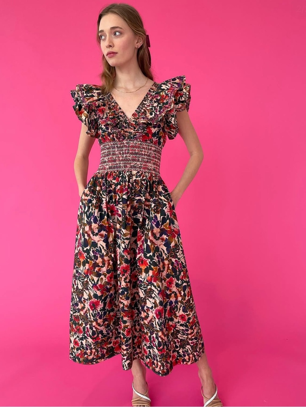 Something Navy Floral Ruffle Smocked Midi Dress - Black & Pink